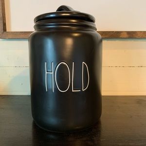 Rae Dunn Large Black Canister “Hold”